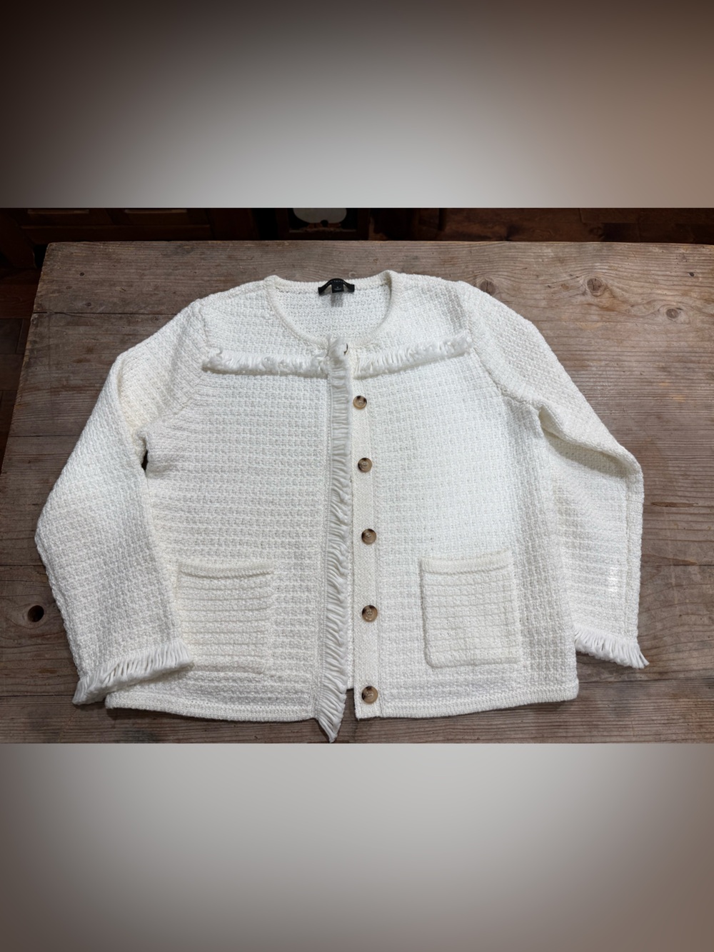 Ann Taylor Cream Fringe-Trim Knit Cardigan